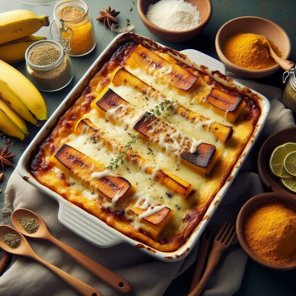 Lasaña de pastelón con queso derretido y plátanos