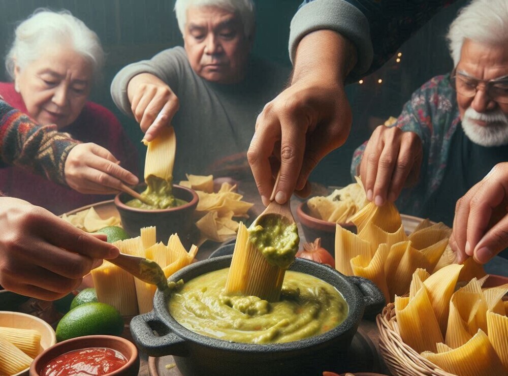 Family eating and enjoying Tamales with a creamy avocado-lime sauce 