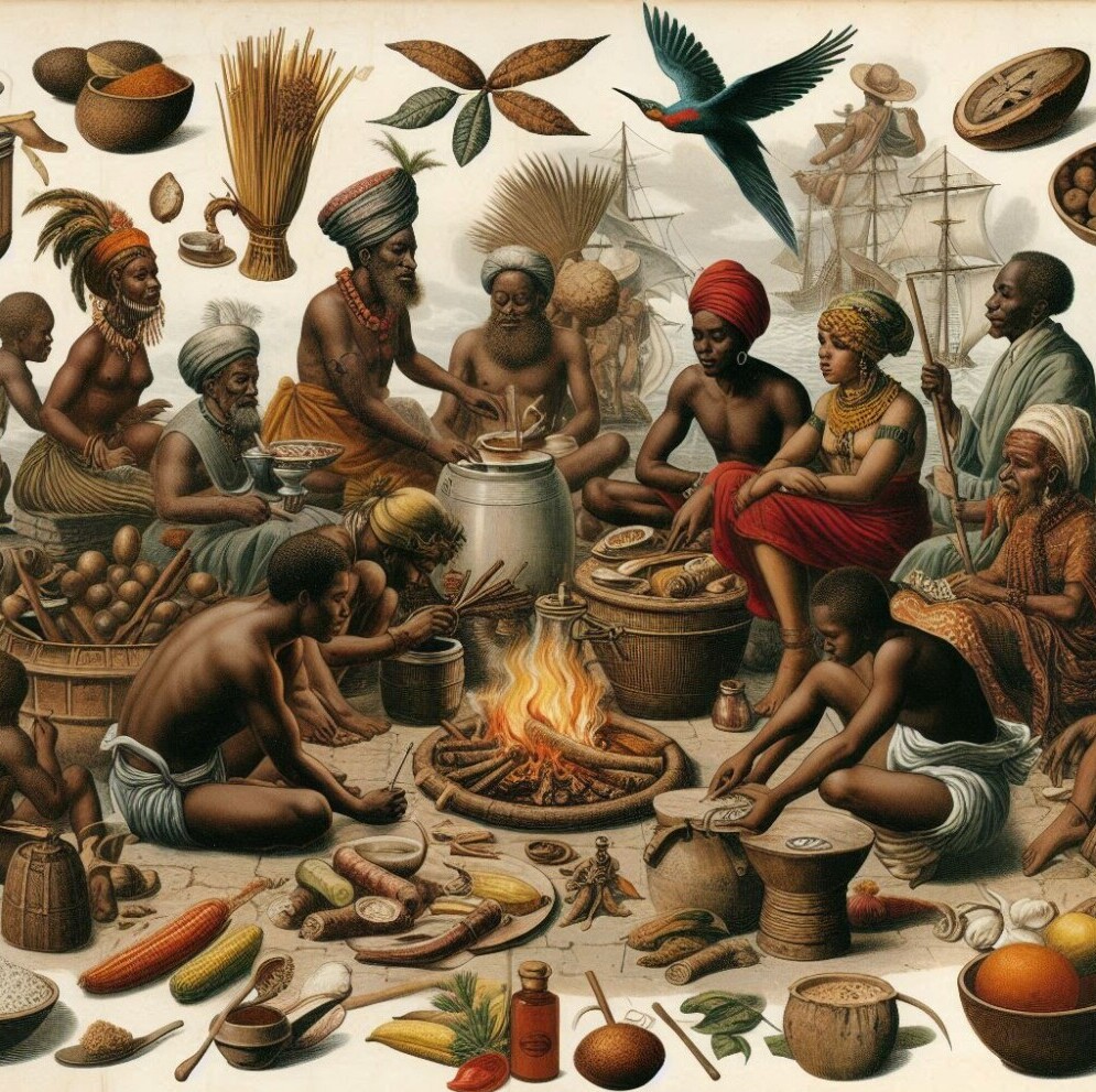 Historical image showing how the Africans influenced the Brazilian cuisine with some of their foods and spices