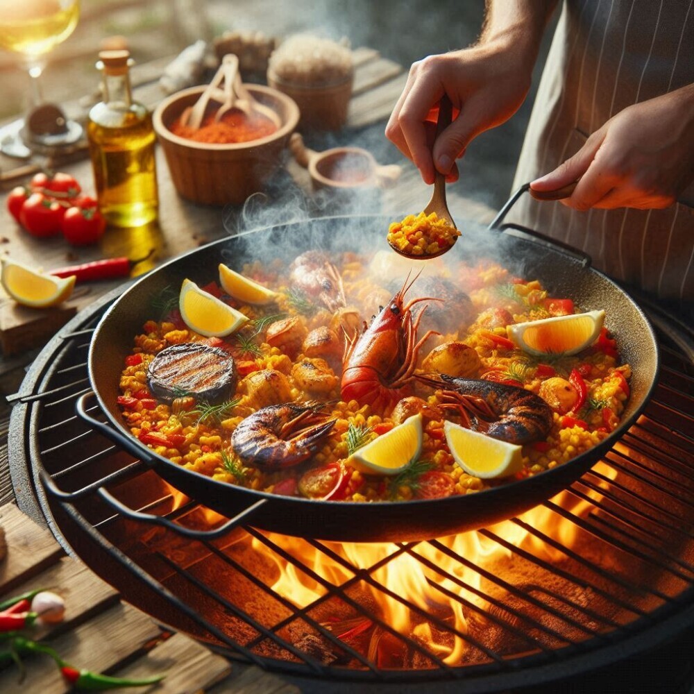 Paella being cooked in an outdoor grill  enhances the flavor