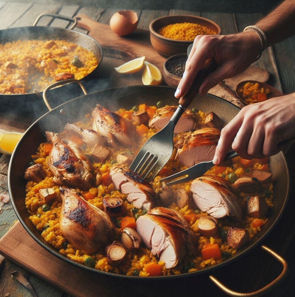 Paella with already cooked rabbit or chicken 