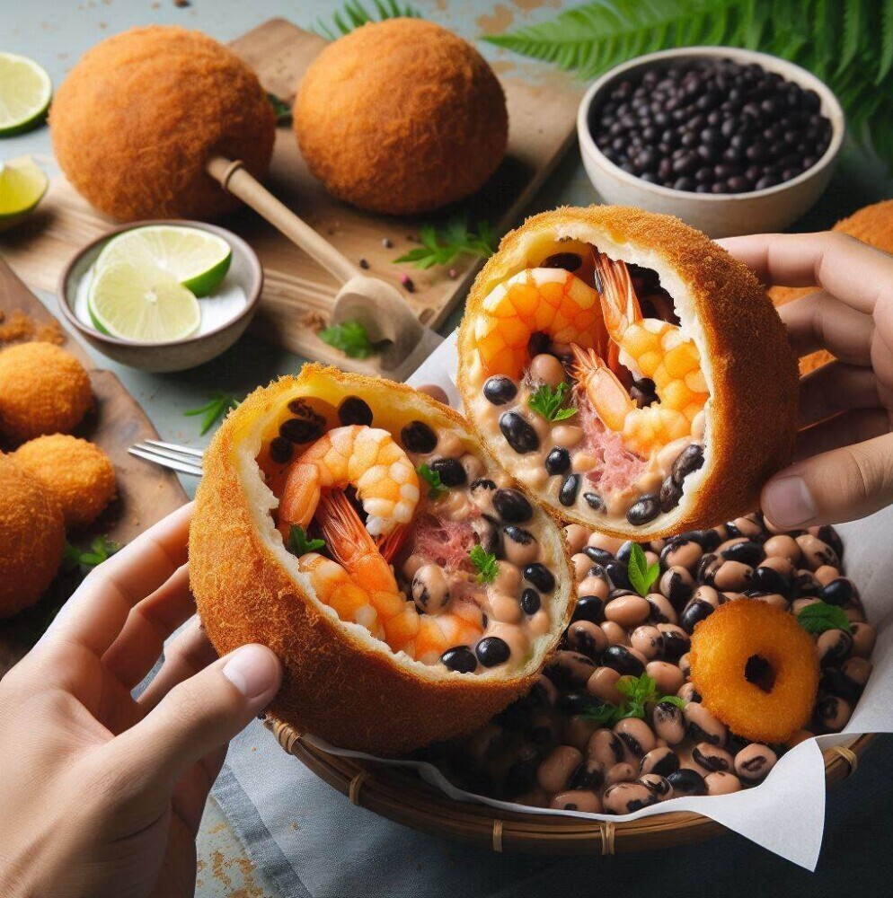 Brazilian Black-Eyed Pea and Shrimp Fritters stuffed with fried shrimp on the inside