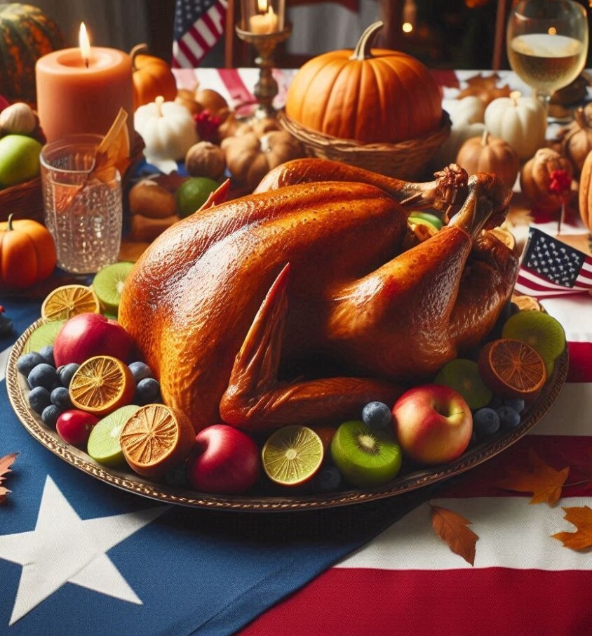 Thanksgiving table cloth with a well-cooked turkey